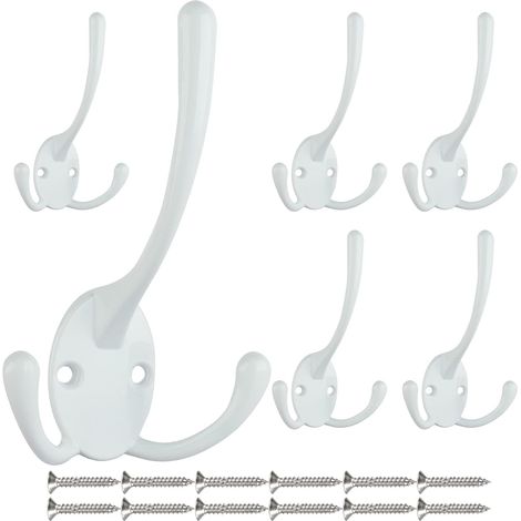 Set Aus 6 Robusten Dreizackigen Wandhaken Mit 12 Schrauben, Rustikale Doppelt Verwendbare Haken Für Dicke Mäntel Und Schwere Taschen (weiß)