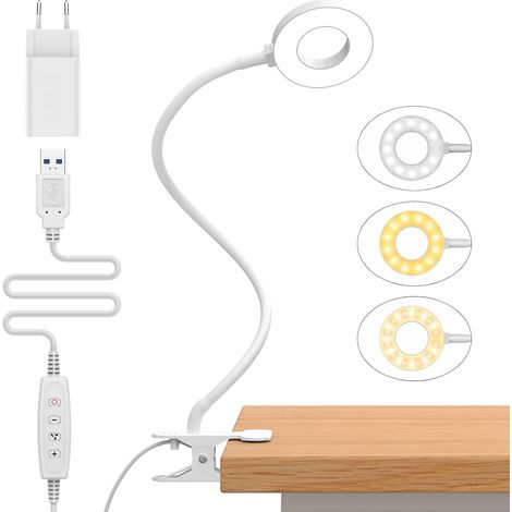 10w Klemm-schreibtischlampe Mit Usb-ladegerät [3 Lichtmodi & 10 Helligkeitsstufen] 360° Flexibler Leselampe Zum Klemmen, 70cm Led Schreibtischlampe Für Zuhause/büro-weiß