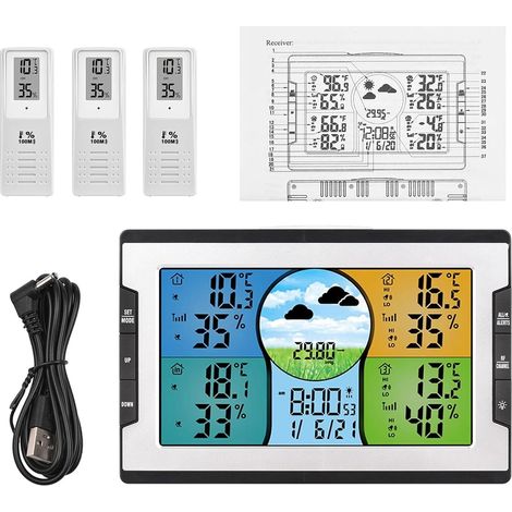 Kabellose Innen-/außen-wetterstation, Thermometer Und Hygrometer Mit 3 Sensoren, 3-in-1-funktion, Wettervorhersage, Wecker Und Schlummerfunktion, Farbiger Lcd-bildschirm Mit Einstellbarer Helligkeit