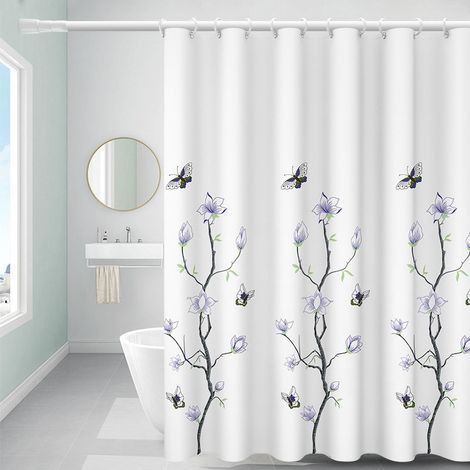 Schimmelresistenter, Wasserabweisender Duschvorhang Aus Waschbarem Polyester Mit Haken, Blumen- Und Schmetterlingsmuster, Beschwerter Saum, 180 X 200 Cm