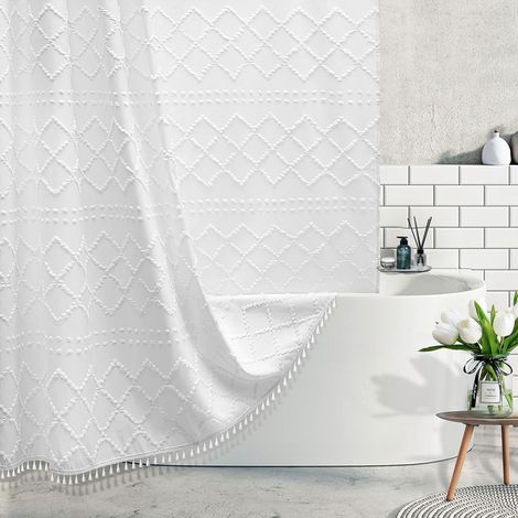 Extra Langer Duschvorhang Aus Strukturiertem, Gewebtem Stoff Im Bohème-stil Mit Quasten – Moderner Und Minimalistischer Gestreifter Duschvorhang – Rustikaler Shabby-chic-stil – Stoff-duschvorhang