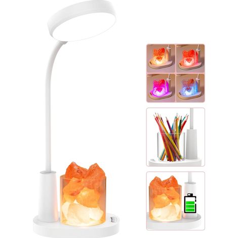 Schreibtischlampe Für Kinder, Tischlampe Mit Himalaya-salz, Automatisch Farbwechselnde Nachttischlampe Mit Stifthalter, Dimmbare Wiederaufladbare Leselampe Für Kinder - Weiß