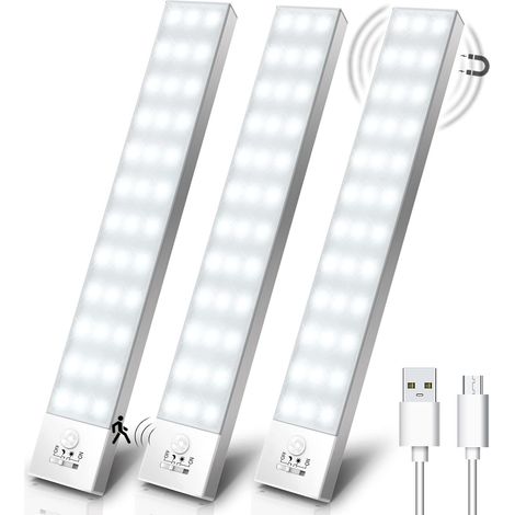 3er-set Schrankleuchte, 5000k Usb Kabellose Led-schrankleuchte Mit Bewegungsmelder, Wiederaufladbare Led-lampe Mit Integriertem Magnet, Nachtlicht Für Schrank, Garderobe, Treppe, Küche, Flur - 23cm