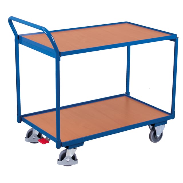 VARIOfit Tischwagen mit gebogenem Schiebegriff und 2 Ladeflächen 1185x790mm Enzianblau RAL 5010