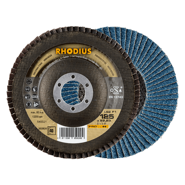 RHODIUS LGZ F1, 10 Stück, 115 mm, Korn 60, Fächerschleifscheibe
