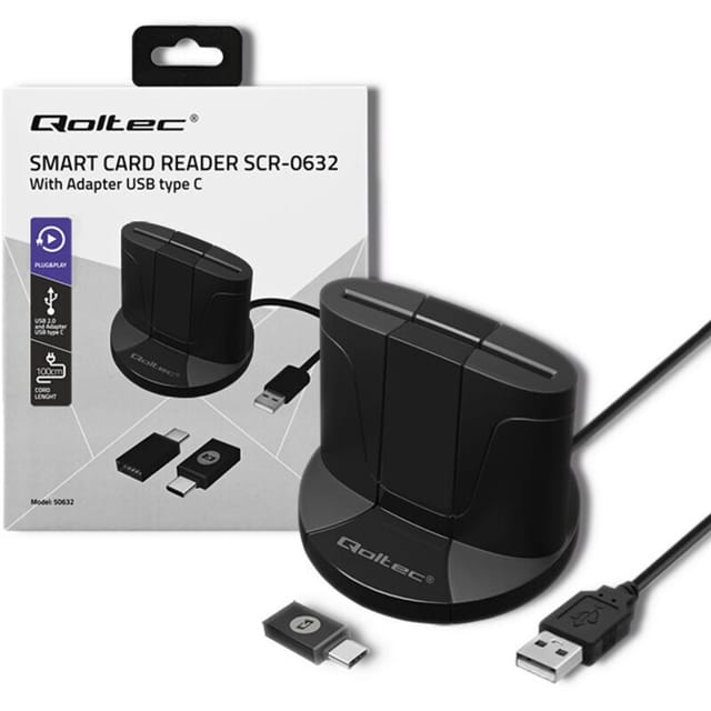 Qoltec Smart Chip ID-Kartenleser SCR-0632 USB 2.0 + USB-C Adapter