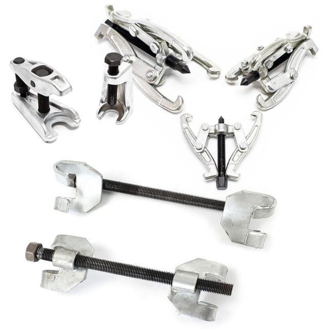 Xpotool - Federspanner Satz 7-tlg. 375 mm aus Stahl, mit Klauen- & Kugelgelenkabzieher Montagespanner Audrücker, für Pkw Tuning Tieferlegung,