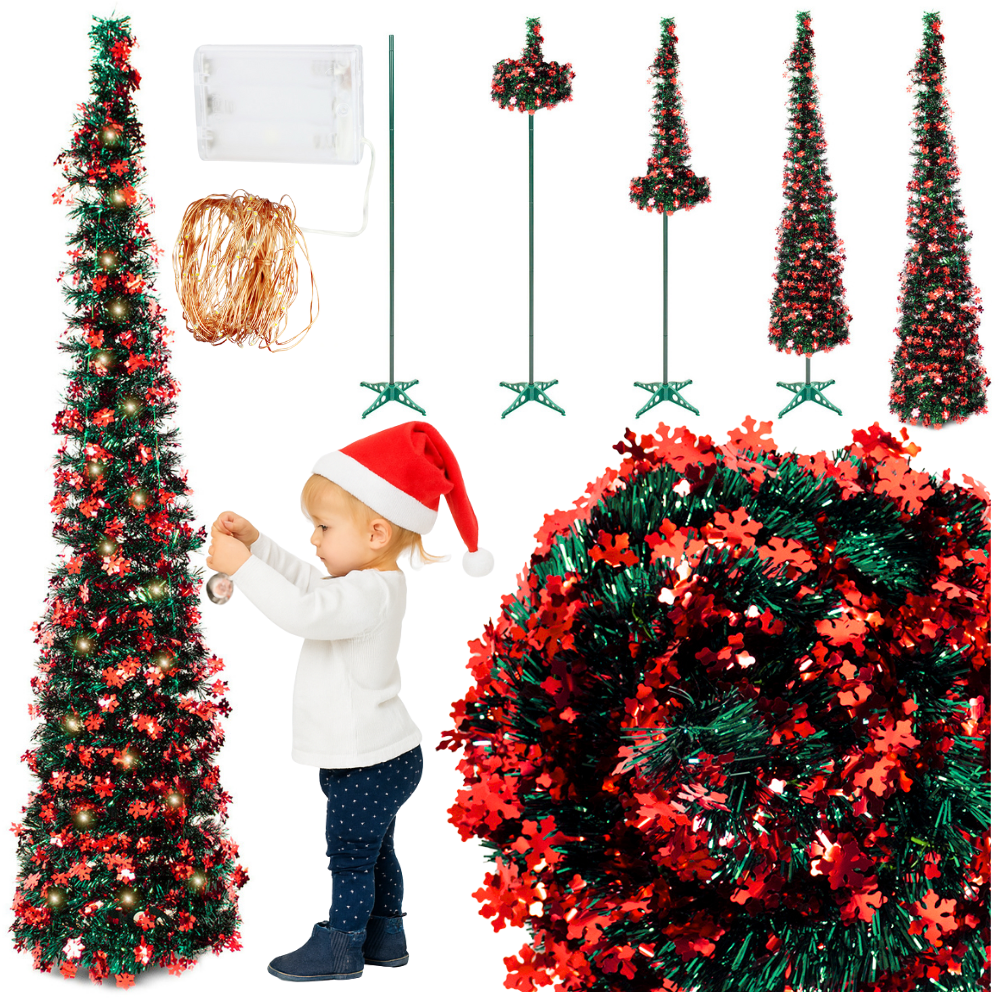 Künstlicher Pop-up-weihnachtsbaum, Rot, 150 Cm, Ausziehbarer Ständer, Led-dekoration, 3 M Mehr & Deko
