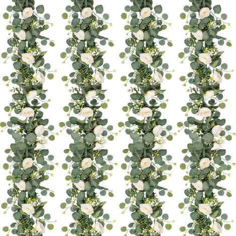 4 Pack Artificial Eucalyptus Flower Garland With White Roses, Fake Rose Flower Greenery Garland Floral Vines For Wedding Home Party Table Runner Decor (4pcs, White)