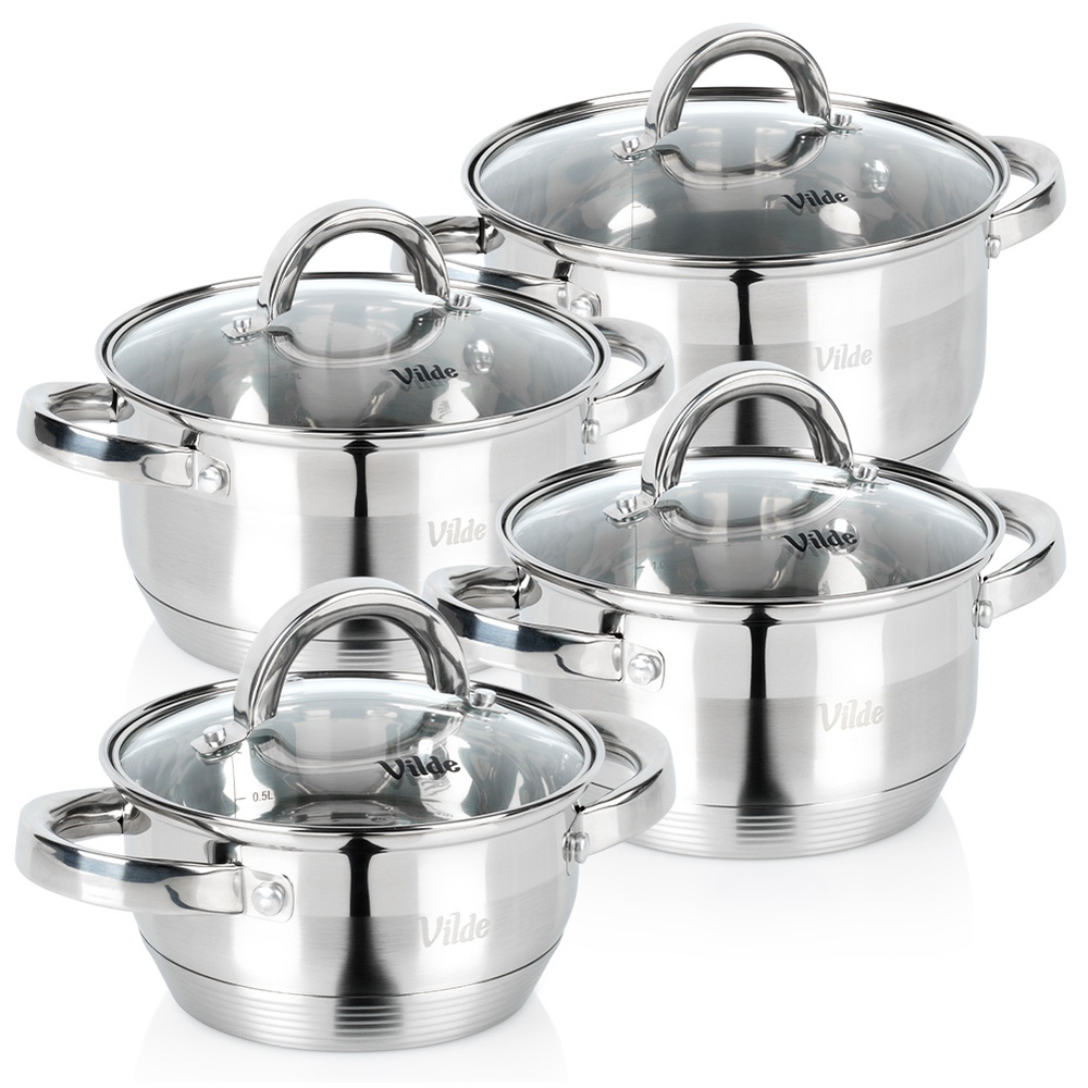 Set Aus Edelstahltöpfen Mit Glasdeckeln, 1 / 1,75 / 2,5 / 3,4 L, 4 Stück.