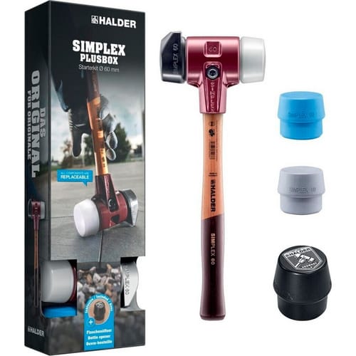 SIMPLEX-Plusbox Starterkit, SIMPLEX-Schonhammer D60, Gummikomposition mit Standfuß / Superplastik sowie je ein TPE-soft und TPE-mid Schlageinsatz