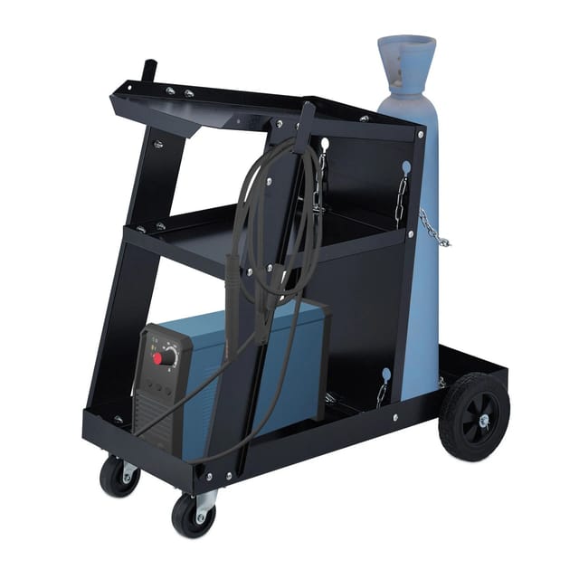 Schweißwagen, 3 Ablagen, Stellplatz für Gasflasche, Schweißgerätewagen, bis 90 kg, HxBxT: 69x40x71 cm, schwarz - Relaxdays