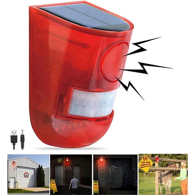 Solar-Ton- und Lichtalarm mit Bewegungssensor, 110 Dezibel, Tonalarm, Sirene, Blitz, Stroboskop, Warnung, Bauernhof-Sicherheitsalarmsystem, Villa