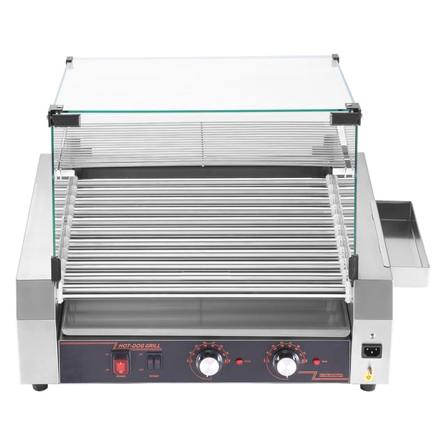 Mophorn - Hot Dog Grill Maschine Mit 11 Rollen Aus Edelstahl, 2200 W, Elektrogrill Mit Abdeckung, Zwei Temperaturreglern, Seitlicher Aufbewahrungsbox, Herausnehmbarem Regal Und Ölauffangschale