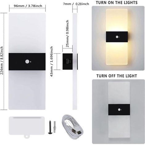 Led-wandleuchte Mit Bewegungsmelder Für Innenräume, Wiederaufladbare Batteriebetriebene Wandlampe Mit Usb-akku, Nachtlicht Aus Acryl Mit Bewegungssensor, 2 Stück, 3000k