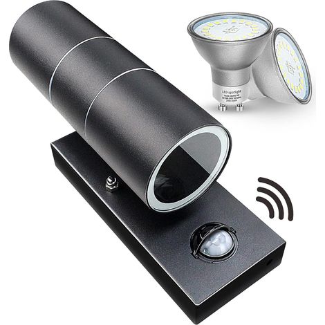 Außenwandleuchten Mit Pir-bewegungsmelder, Ip44 Up-down-wandlampe, Sicherheitsleuchte In Mattschwarz, 240v – Inkl. 2x 5w Led-lampen Warmweiß