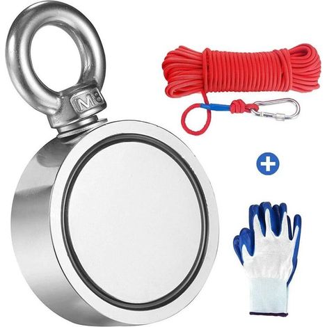 N52 Doppelseitiger Starker Neodym-angelmagnet, Doppelhaken, Durchmesser 60mm, Dicke 25mm, Zugkraft 300kg, 20m Geflochtenes Seil Und Ein Paar Handschuhe, Ideal Für Die Schatzsuche