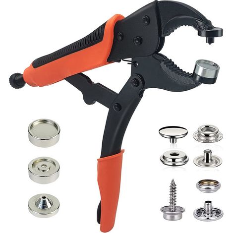 Edelstahl-druckzange Mit Orangefarbenem Griff, Ein Teil Zur Reparatur Einstellbarer Druckverschlüsse An Bootsplanen.