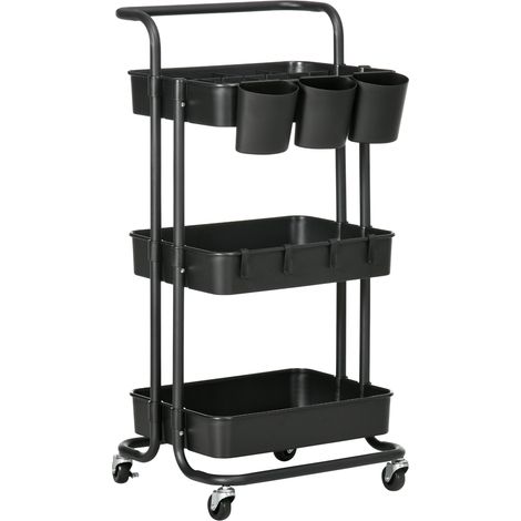 Hilfswagen Mit Rollen, Multifunktionaler Aufbewahrungswagen Mit Haken Und Hängenden Boxen, 42 X 38 X 86,5 Cm, Schwarz