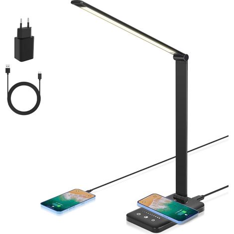 Led-schreibtischlampe, Dimmbare Tischlampe Mit 7,5 W Kabelloser Ladefunktion Und Usb-ladeanschluss, Augenschutz-leselampe, 5 Helligkeitsstufen, 5 Farbtemperaturen [energieeffizienzklasse F]