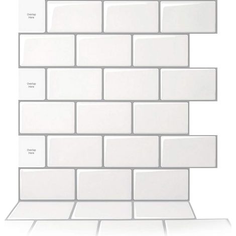 10 Stück Selbstklebende Fliesen Für Die Küche, Selbstklebende Wandfliesen Für Küche Und Bad, Küchenaufkleber, Weiß Mit Grauer Fuge, 30,5 X 30,5 Cm