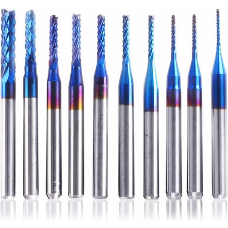 Fraise Cnc 10 Stück Nano Blau Beschichtet, 0,8-3 Mm, Schaft 1/8