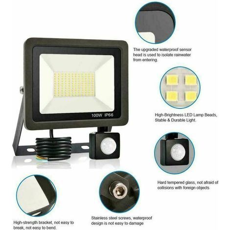 100w Bewegungsmelder-projektor – Wasserdicht Ip65 – Kaltweißes Licht 60000 (lm) – Außenbeleuchtung Für Gärten Und Garagen