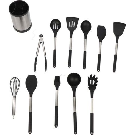 12-teiliges Set Aus Silikon-küchenutensilien Mit Griff, Hitzebeständig, Antihaftbeschichtet, Spatel, Löffel, Spülmaschinenfest, Beste Küchenhelfer (schwarz)