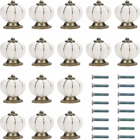 Keramikmöbelknopf Weiß Und Gold Mit Kürbisförmiger Schraube (16er Set) - 3,6 X 3,8 Cm - Runder Vintage Möbelknopf - Für Haus, Büro, Küchenschrank, Schubladen Und Schrank