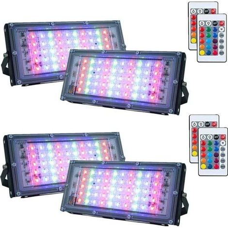 Satz Von 4 Rgb-led-strahlern, 50w, Wasserdicht Ip66, Mit Fernbedienung, 16 Farben, 4 Lichtmodi, Flexible Installation