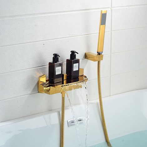 Wandmontierte Badewannenarmatur Aus Kupfer Und Gold, Kaskaden-badewannenmischer, Heiße Und Kalte Dusche, 1 Stück