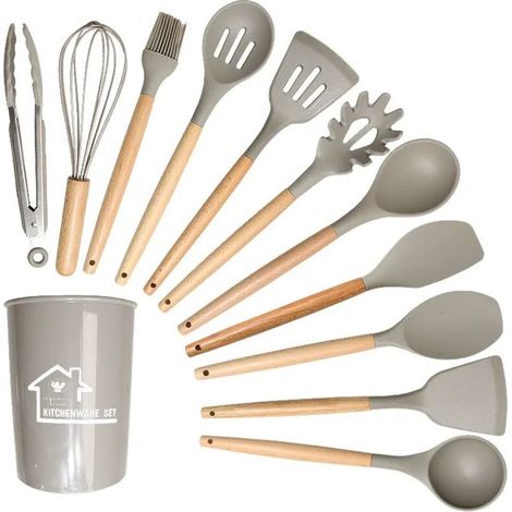 12-teiliges Silikon-kochgeschirr-set, Küchenutensilien Mit Utensilienhalter, Antihaftbeschichtetes Kochgeschirr-set Mit Holzgriffen, Spülmaschinenfestes Küchenzubehör