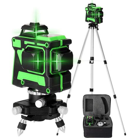Grüner Selbstnivellierender Laser – 3x360° – 12 Linien 3d – Reichweite 30 M – Genauigkeit ± 0,2 Mm/m – Verstellbares Aluminiumstativ
