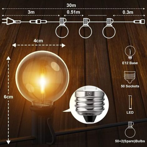 Äußere Guirlande Guinguette, 30m Led-guirlande Mit 50+2 Unzerbrechlichen Glühbirnen, Wasserdichte Led-guinguette-guirlande Für Terrasse, Garten, Hochzeit, Party
