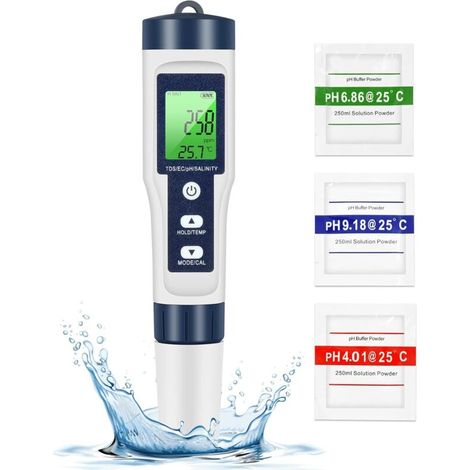 Ph-tds-messgerät, 5-in-1-wassertestgerät Für Ph/tds/ec/salzgehalt/temperatur, Tds-messgerät Mit Grünem Lcd-hintergrundbeleuchtung Für Pool/aquarium/teich