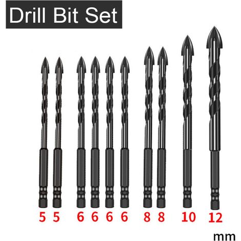 Set Aus 10 Hartmetallbohrern Für Stein, Fliesen, Ziegel, Keramik, Glas, Metall, Kunststoff Und Holz, Mit Schnellwechselndem Sechskantschaft, Größen 5 Mm, 6 Mm, 8 Mm, 10 Mm, 12 Mm