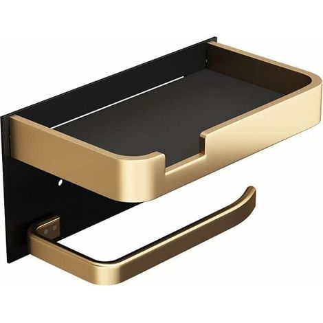 Wandmontierter Toilettenpapierhalter Aus Aerospace-aluminium – Klebender Halter In Schwarz-gold – Ablage Für Telefon Und Accessoires – Installation Ohne Bohren