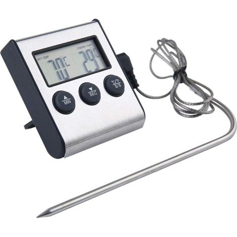 Digitales Bratenthermometer (2-in-1, Mit Küchenuhr, Abnehmbarem Temperaturfühler, Für Fleisch, -10°c Bis +250°c, Mit Timer, Kabelgebunden) Schwarz/silber