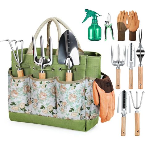 Gartenwerkzeuge, 9-teiliges Set Aus Edelstahl Mit Xl-aufbewahrungstasche, Gießkanne, Handschuhe, Garten-kit Als Geschenk Für Erwachsene, Männer Und Frauen