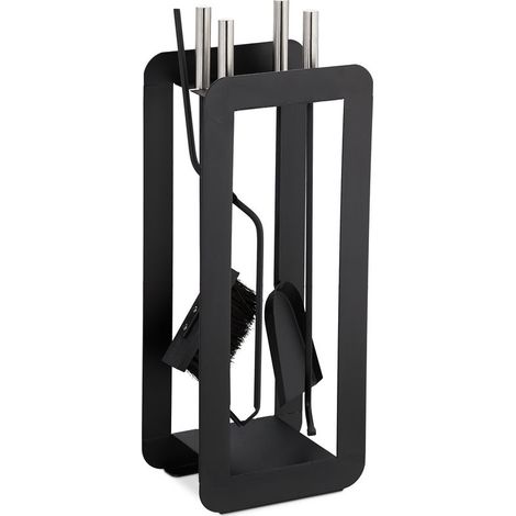 Kaminbesteck-set, 5-teilig, Stahl, Zubehör, Besen, Ständer, Schürhaken, Schwarz