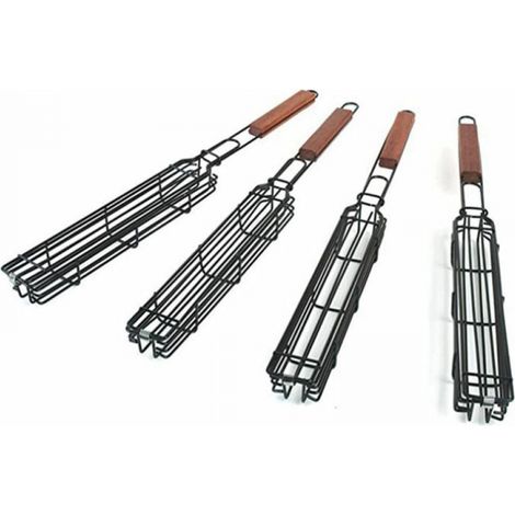 4er-set Grillkörbe Mit Verriegelbarem Gitter, Langem Holzgriff – Antihaftbeschichtet – Aus Edelstahl – Für Grillgut, Fisch, Gemüse, Würstchen, Zwiebeln
