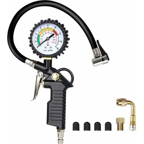 Reifendruckmanometer, Digitales Reifendruckmessgerät, Aufblaspistole Mit Manometer, 4 Ventilkappen, Französischer Luftdüsenadapter, 90-grad-metallverlängerungsstange