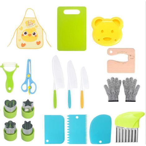 19-teiliges Set Kinderkochmesser, Sicherheitsmesserset Zum Schneiden Von Obst Oder Gemüse, Wellenschliffmesser, Schneidebretter Und Weiteres Küchenzubehör