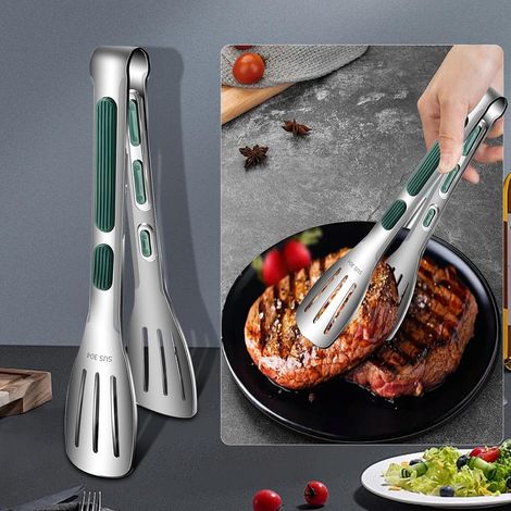 2er-set Küchenzangen Aus Edelstahl Mit Rutschfesten Silikonspitzen Und Griff Zum Servieren, Kochen, Backen Und Grillen – Hitzebeständige Metallzangen