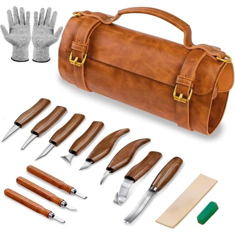 Sculptur-holz-kit, 15-in-1 Deluxe-werkzeugset Enthält Schnitzmesser, Holzbeitel, Handschuhe, Polierpaste, Xu, Eine Ledertasche, Für Anfänger/profis