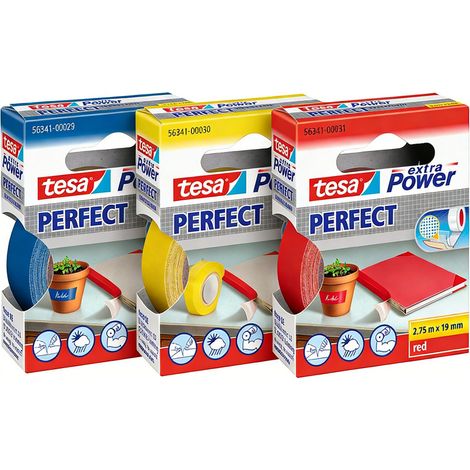 Extra Power Perfect - Gewebeband - Reparaturband Für Handwerk, Befestigung, Verstärkung Und Etikettierung - Blau, Gelb, Rot - 2,75 M X 19 Mm