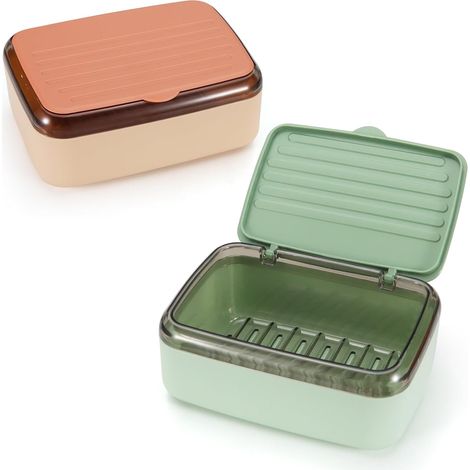 Seifenschale Mit Ablaufschale Und Deckel, 2 Abnehmbare Schichten, Große Wasserdichte Seifenbox Für Dusche, Badezimmer, Waschbecken, Rosa Grün, 2er Pack