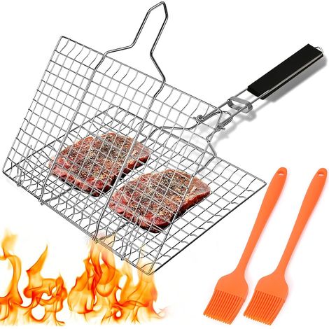 Fisch-rostkorb Mit 2 Pinseln, Klappbarer Grillkorb Mit Griff, Edelstahl-grillkorb Für Outdoor, Camping Und Barbecues