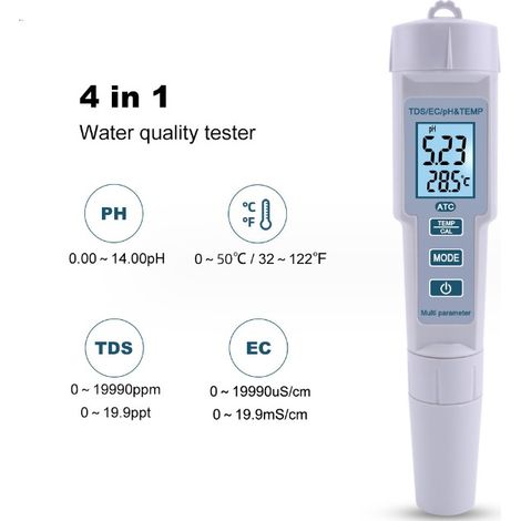 4-in-1 Wassertester Ph / Ec / Tds / Temperatur Ip55 Messgerät Mit Automatischer Abschaltung, Wasserdicht, Hintergrundbeleuchtung, Anzeige, Weißer Ph-tester Ph-686