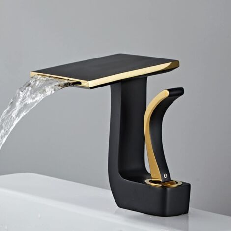 Wasserfall-waschbeckenmischer, Warm- Und Kaltwasserhahn, Waschbeckenmischer, Einhebeliger Waschbeckenmischer, Messing (schwarz + Gold) Mumu